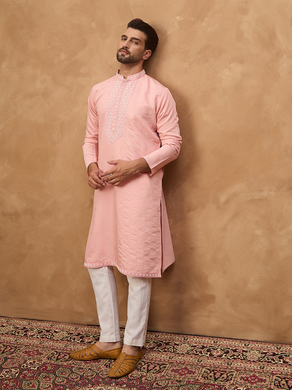 Men Peach Silk Blend Solid Solid Straight Kurta-MKU1506