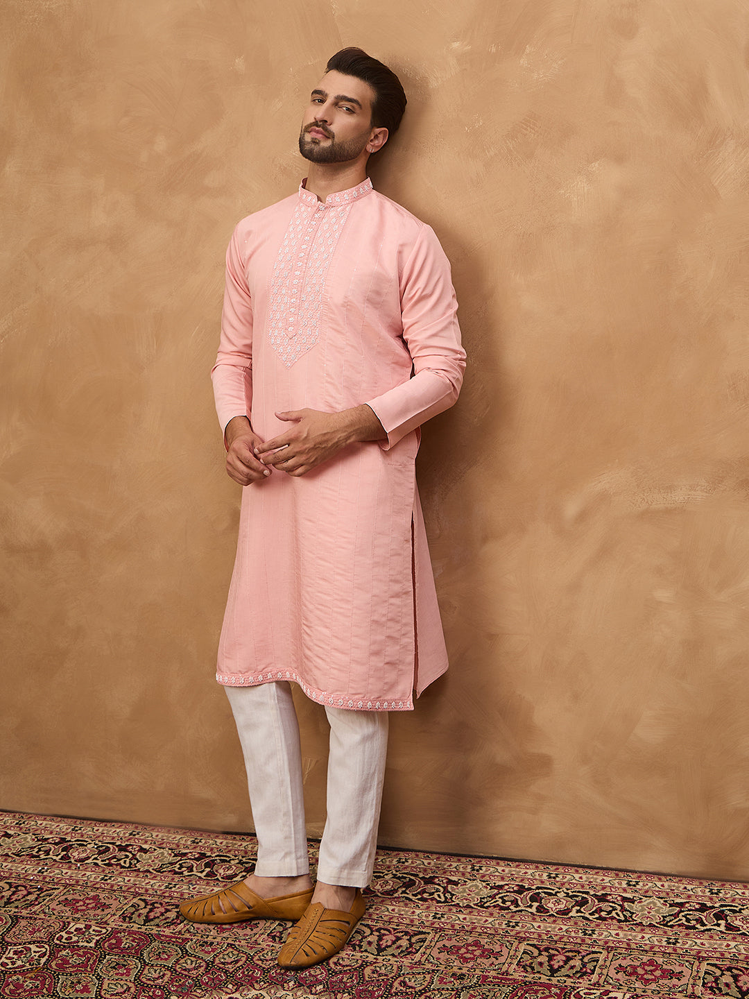 Men Peach Silk Blend Solid Solid Straight Kurta-MKU1506
