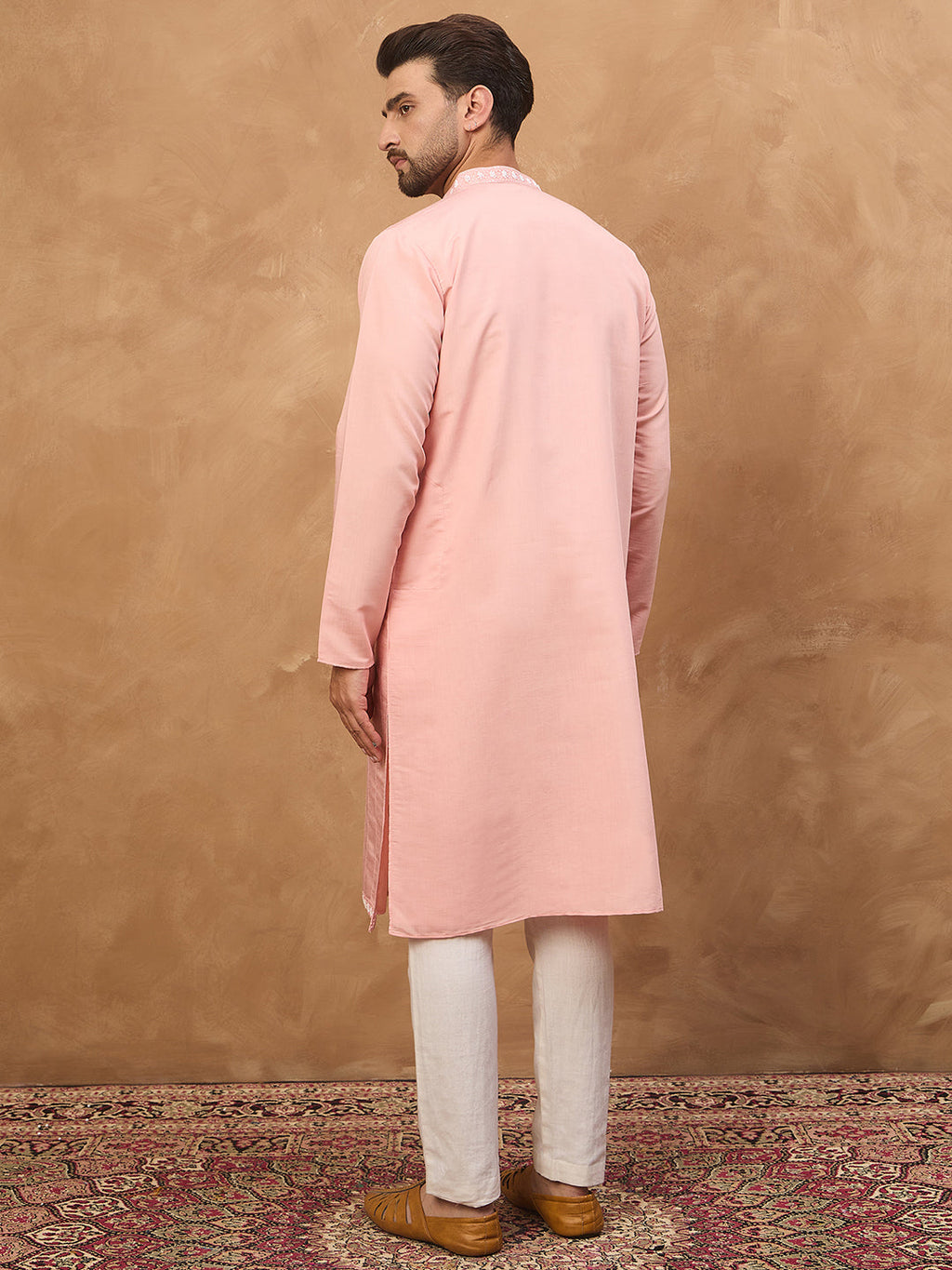 Men Peach Silk Blend Solid Solid Straight Kurta-MKU1506
