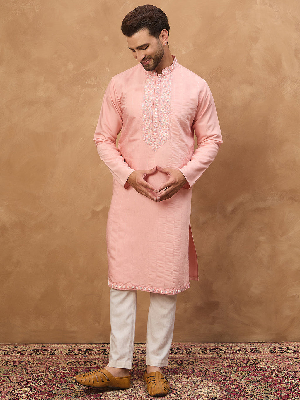 Men Peach Silk Blend Solid Solid Straight Kurta-MKU1506