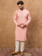 Men Peach Silk Blend Solid Solid Straight Kurta-MKU1506