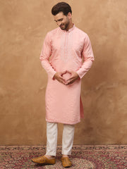 Men Peach Silk Blend Solid Solid Straight Kurta-MKU1506