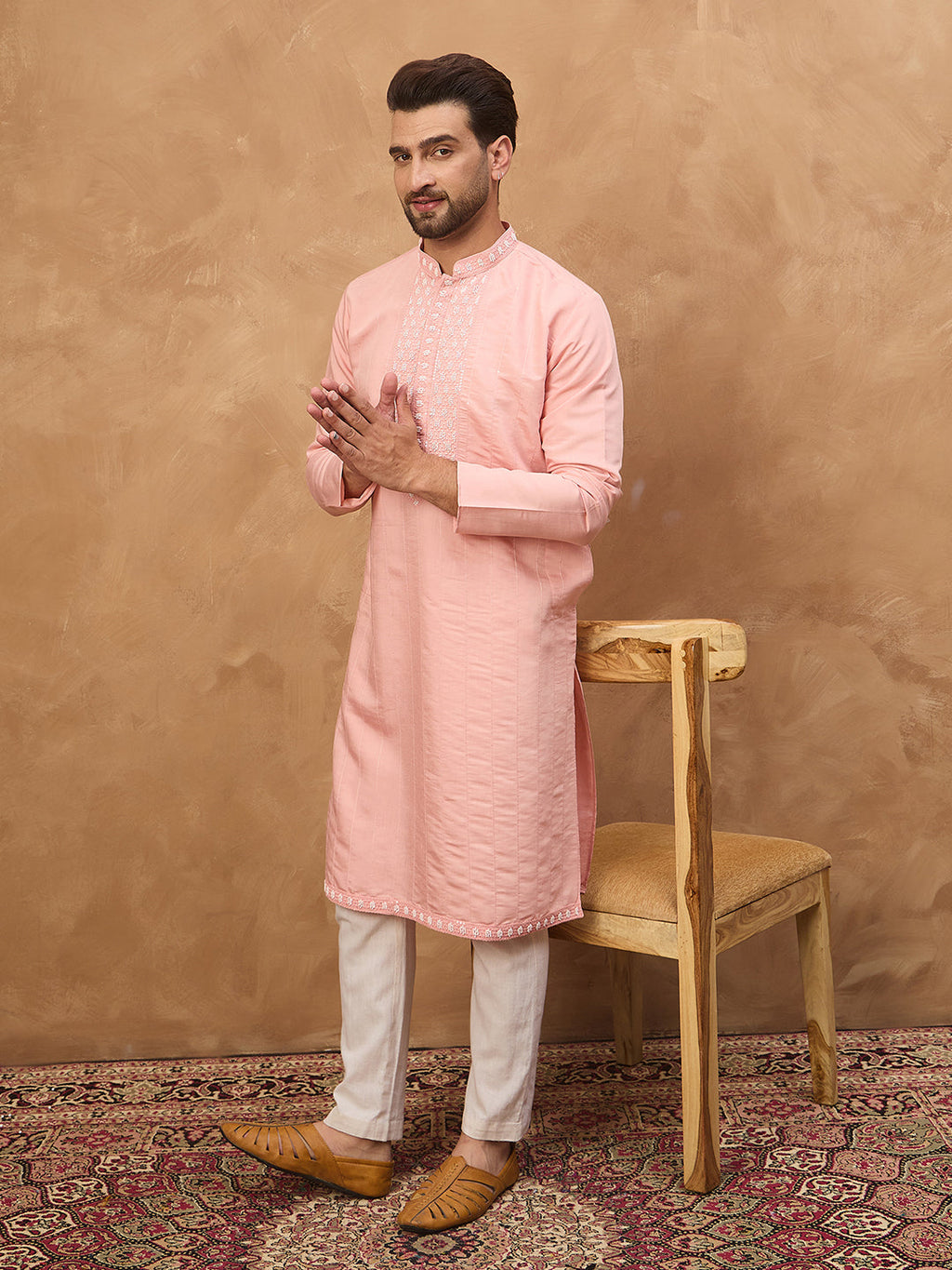 Men Peach Silk Blend Solid Solid Straight Kurta-MKU1506