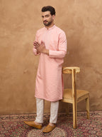 Men Peach Silk Blend Solid Solid Straight Kurta-MKU1506