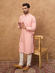 Men Peach Silk Blend Solid Solid Straight Kurta-MKU1506