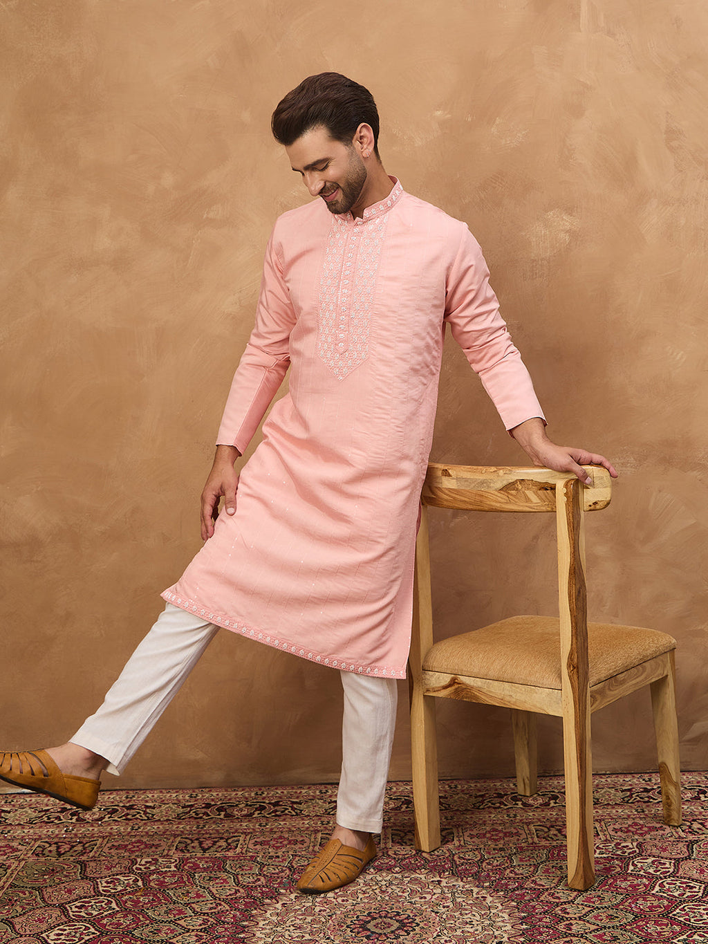 Men Peach Silk Blend Solid Solid Straight Kurta-MKU1506