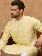 Men Yellow Silk Blend Solid Embroidered Straight Kurta-MKU1507