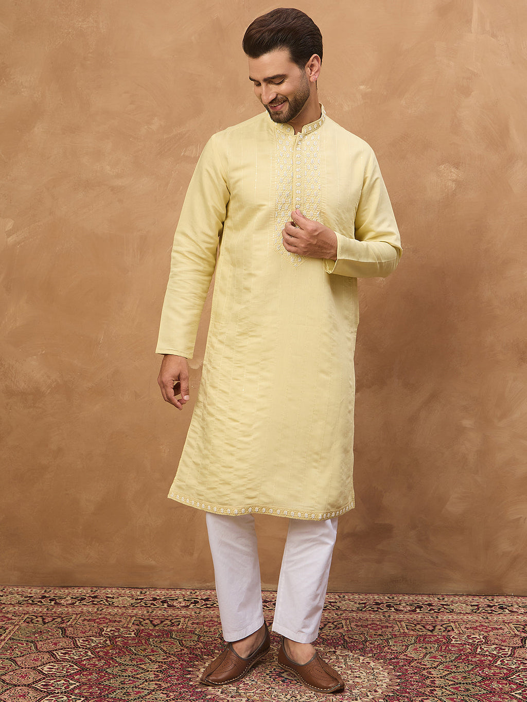 Men Yellow Silk Blend Solid Embroidered Straight Kurta-MKU1507