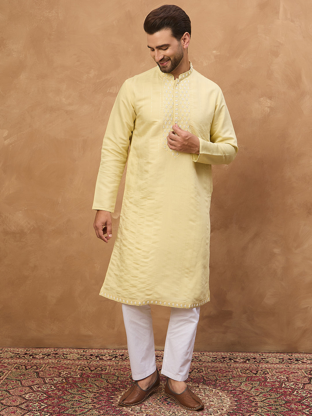 Men Yellow Silk Blend Solid Embroidered Straight Kurta-MKU1507