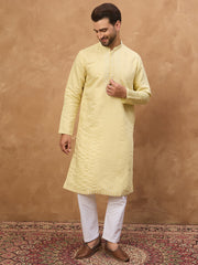 Men Yellow Silk Blend Solid Embroidered Straight Kurta-MKU1507