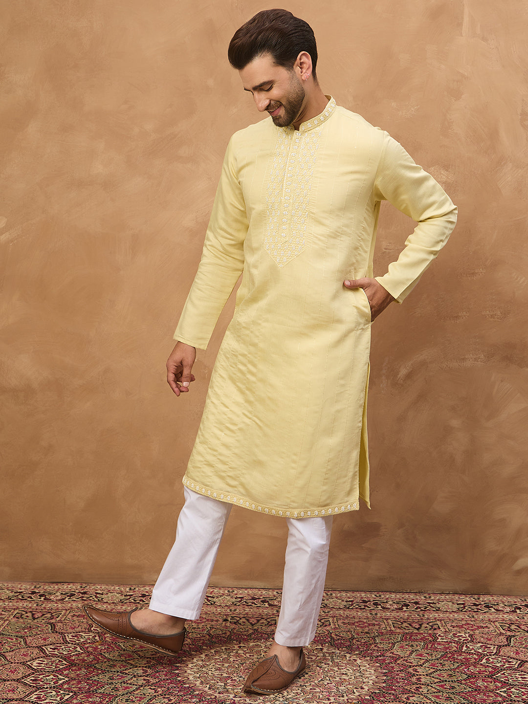 Men Yellow Silk Blend Solid Embroidered Straight Kurta-MKU1507