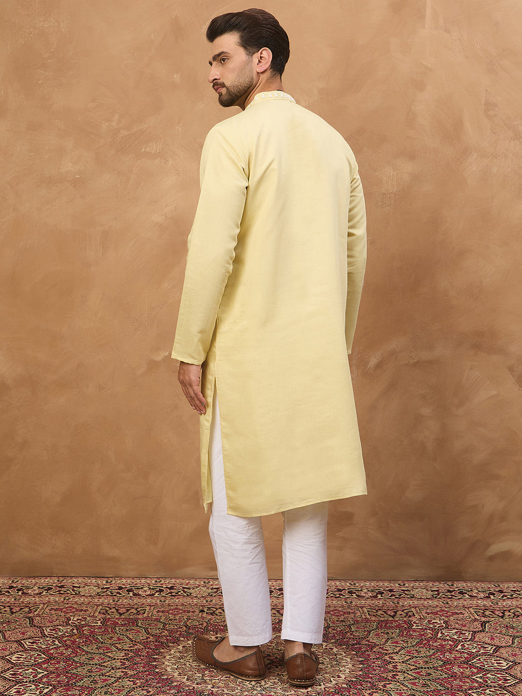 Men Yellow Silk Blend Solid Embroidered Straight Kurta-MKU1507