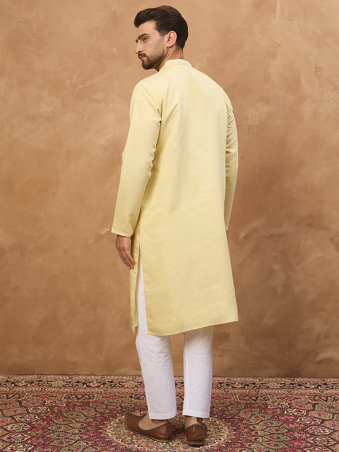Men Yellow Silk Blend Solid Embroidered Straight Kurta-MKU1507