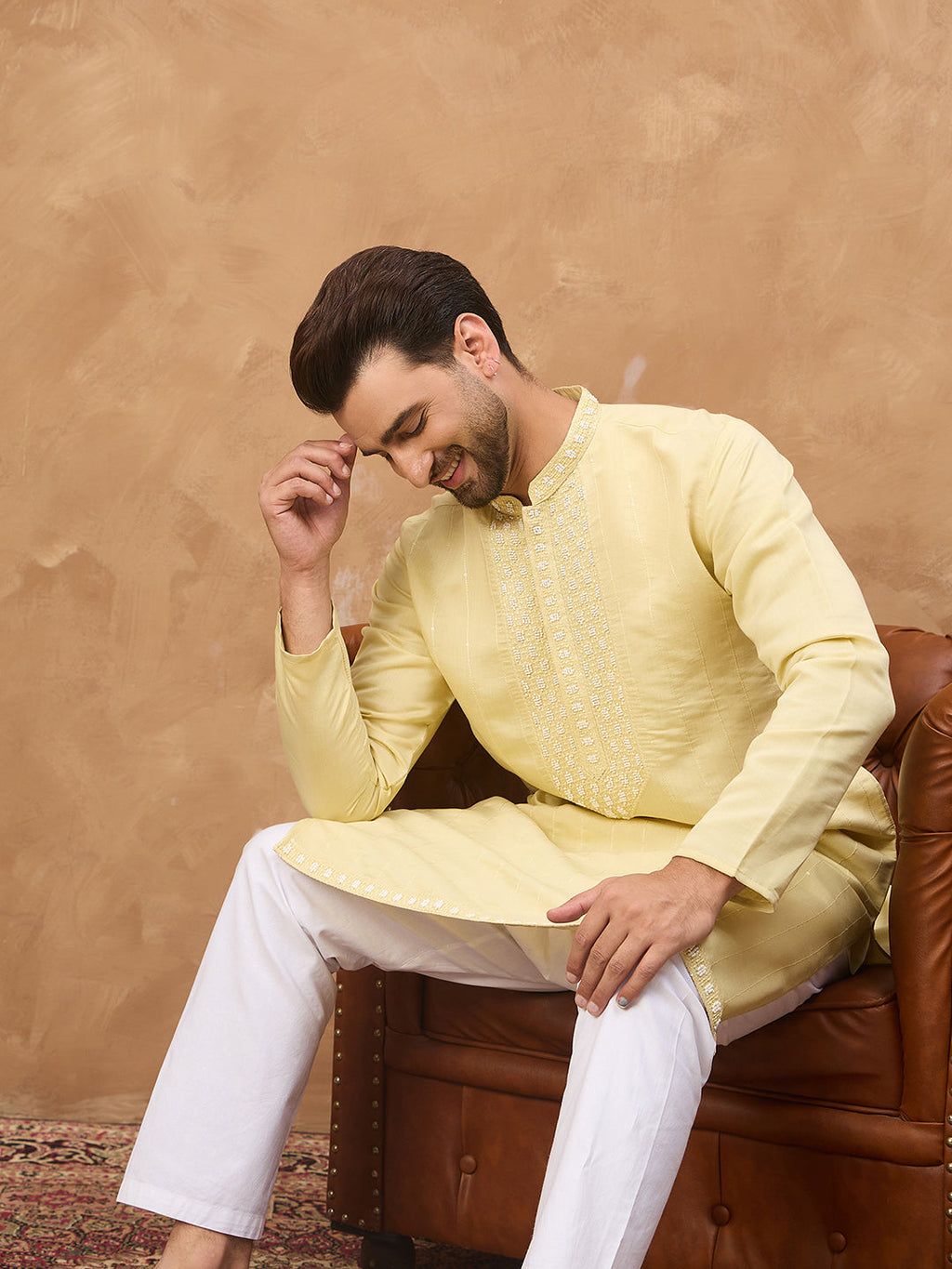Men Yellow Silk Blend Solid Embroidered Straight Kurta-MKU1507