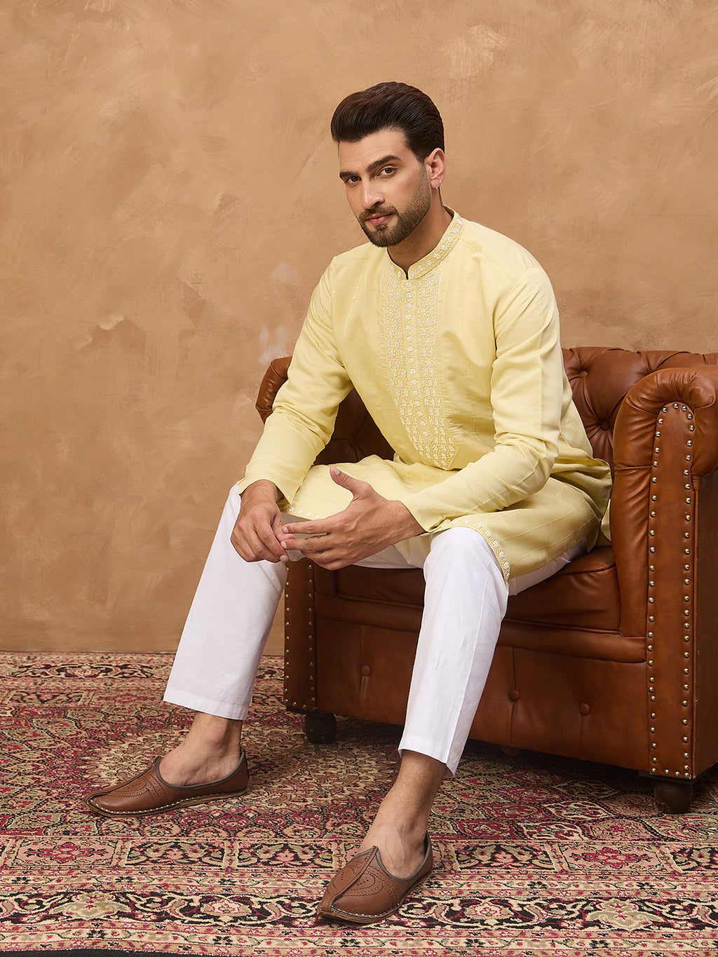 Men Yellow Silk Blend Solid Embroidered Straight Kurta-MKU1507