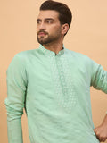 Men Blue Silk Blend Solid Embroidered Straight Kurta-MKU1508