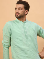 Men Blue Silk Blend Solid Embroidered Straight Kurta-MKU1508