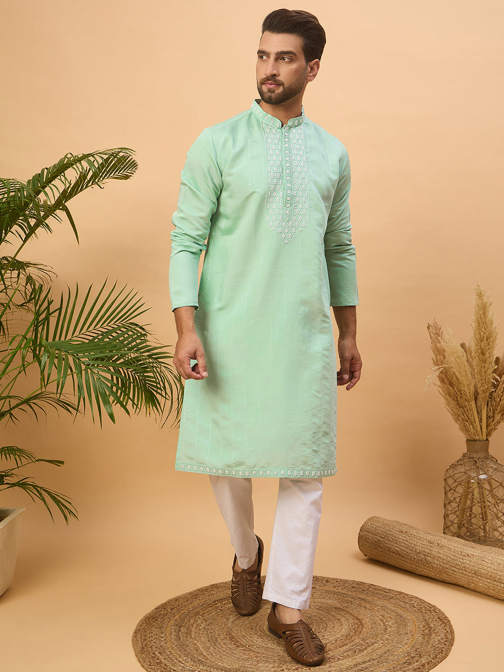 Men Blue Silk Blend Solid Embroidered Straight Kurta-MKU1508