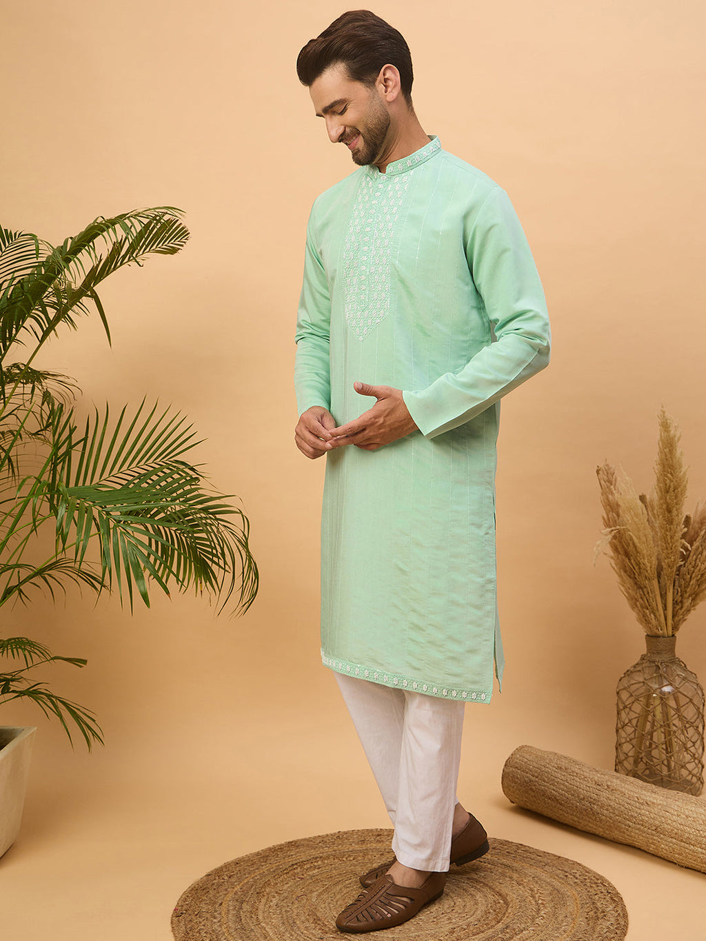 Men Blue Silk Blend Solid Embroidered Straight Kurta-MKU1508