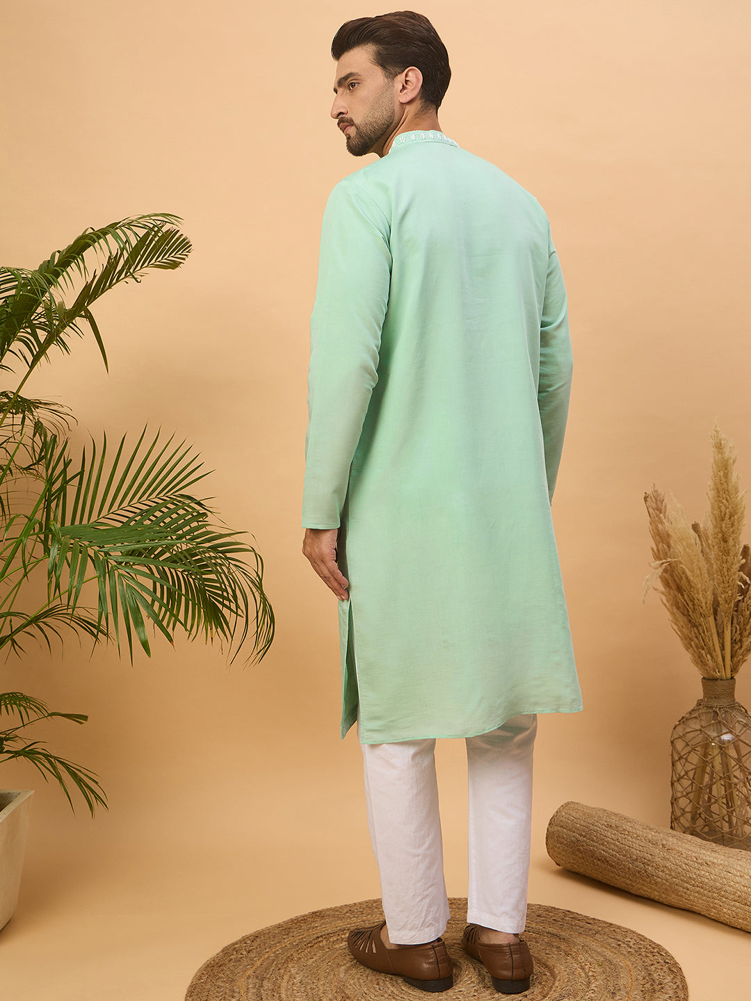 Men Blue Silk Blend Solid Embroidered Straight Kurta-MKU1508