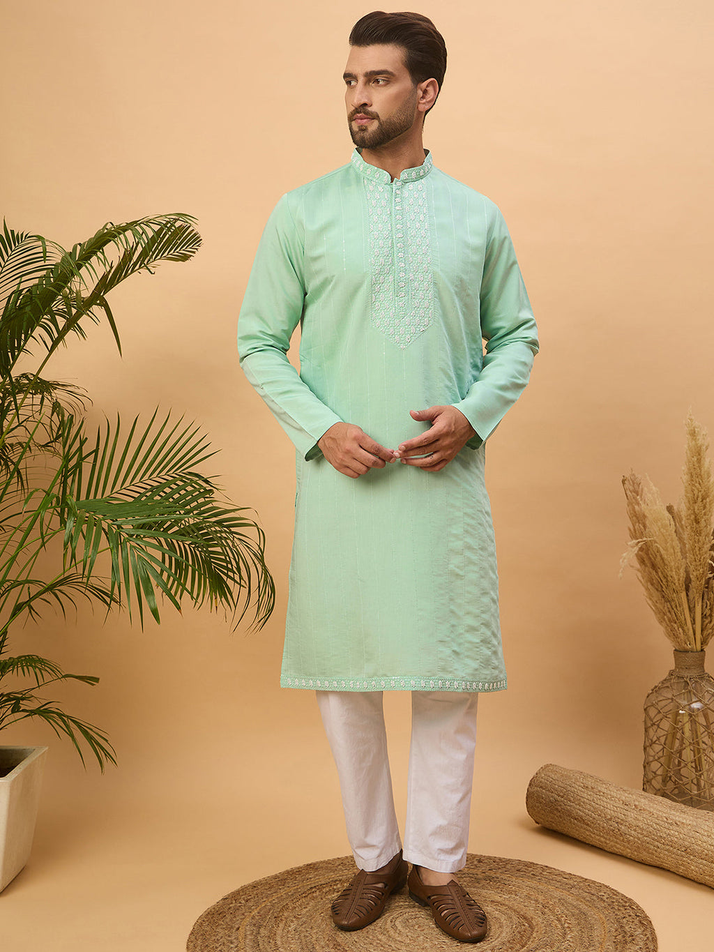 Men Blue Silk Blend Solid Embroidered Straight Kurta-MKU1508