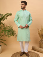 Men Blue Silk Blend Solid Embroidered Straight Kurta-MKU1508