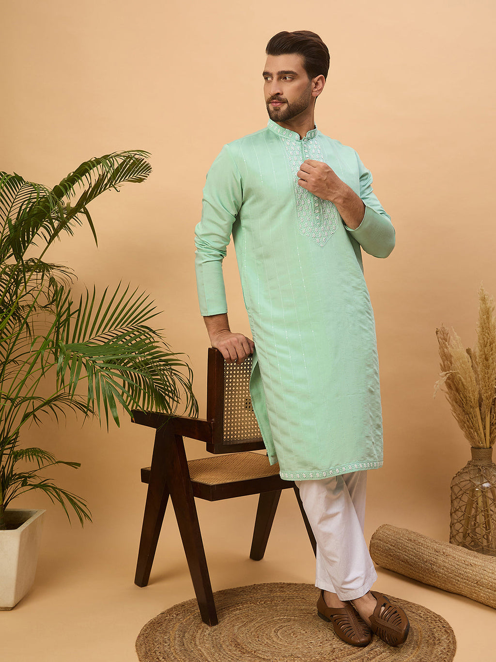 Men Blue Silk Blend Solid Embroidered Straight Kurta-MKU1508