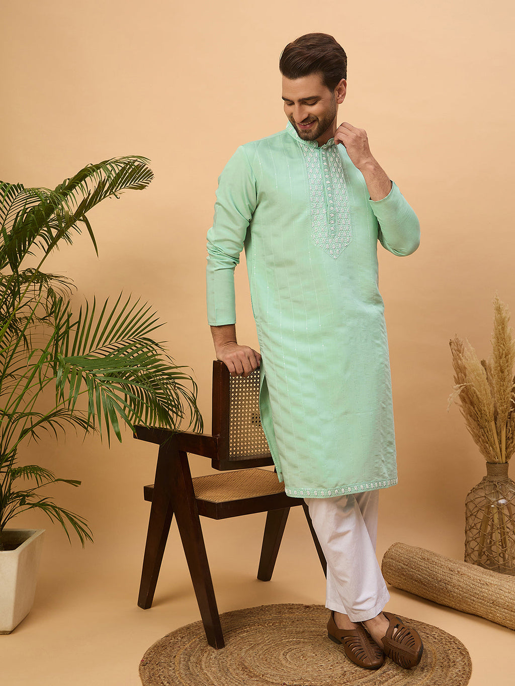 Men Blue Silk Blend Solid Embroidered Straight Kurta-MKU1508