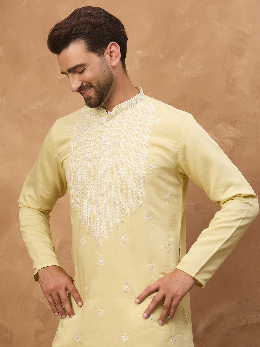 Men Yellow Silk Blend Solid Embroidered Straight Kurta-MKU1509