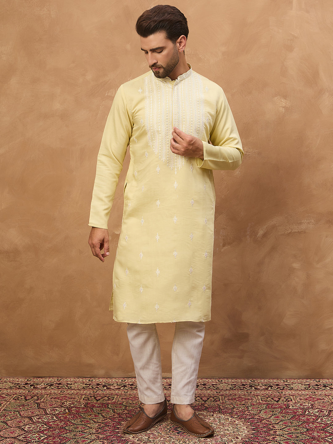 Men Yellow Silk Blend Solid Embroidered Straight Kurta-MKU1509