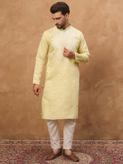 Men Yellow Silk Blend Solid Embroidered Straight Kurta-MKU1509