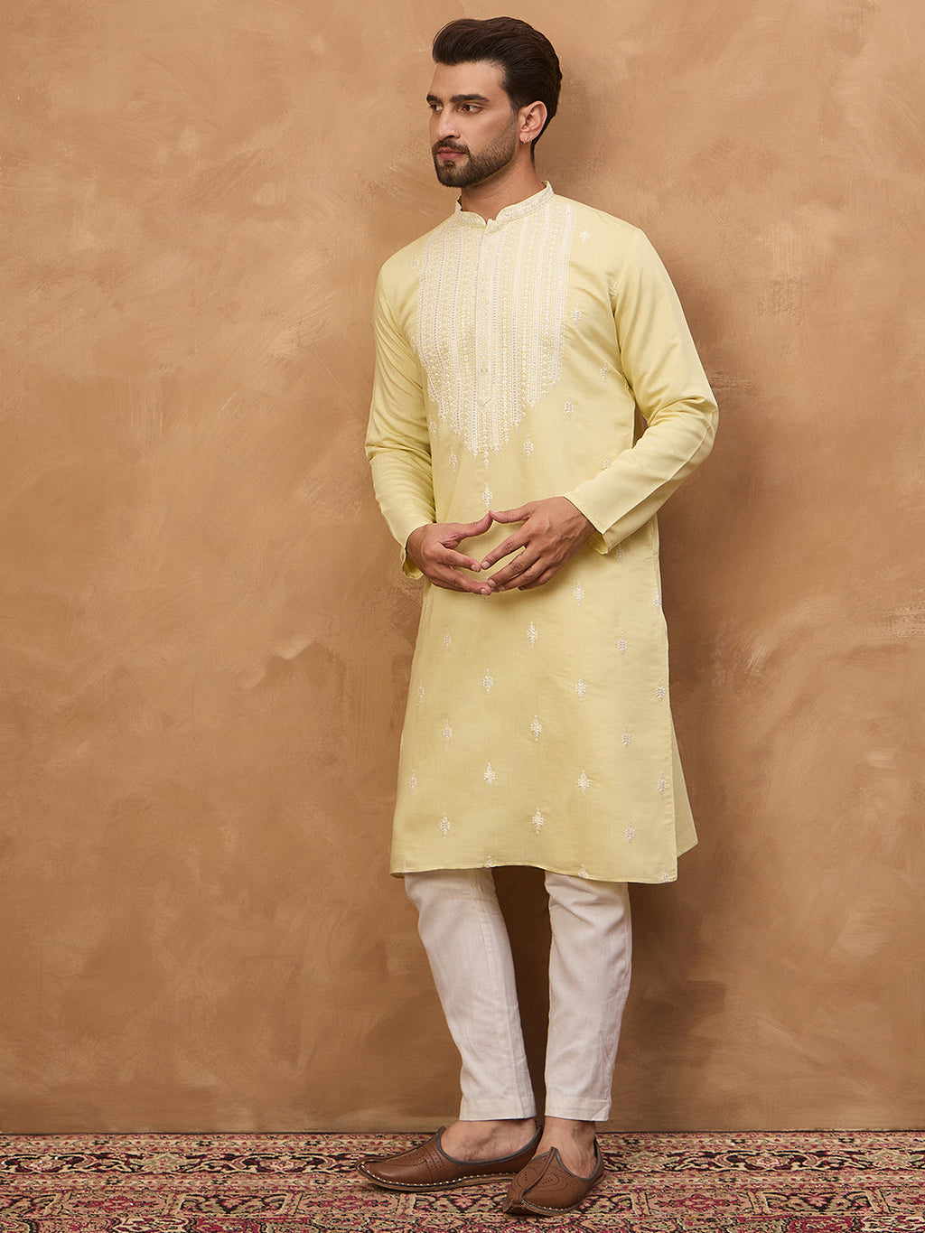 Men Yellow Silk Blend Solid Embroidered Straight Kurta-MKU1509
