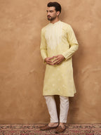 Men Yellow Silk Blend Solid Embroidered Straight Kurta-MKU1509