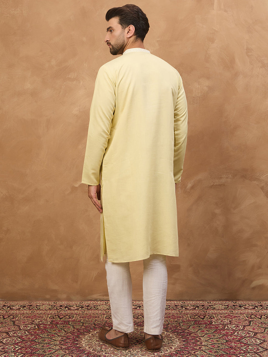 Men Yellow Silk Blend Solid Embroidered Straight Kurta-MKU1509