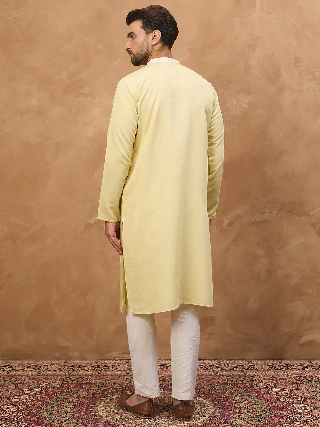 Men Yellow Silk Blend Solid Embroidered Straight Kurta-MKU1509