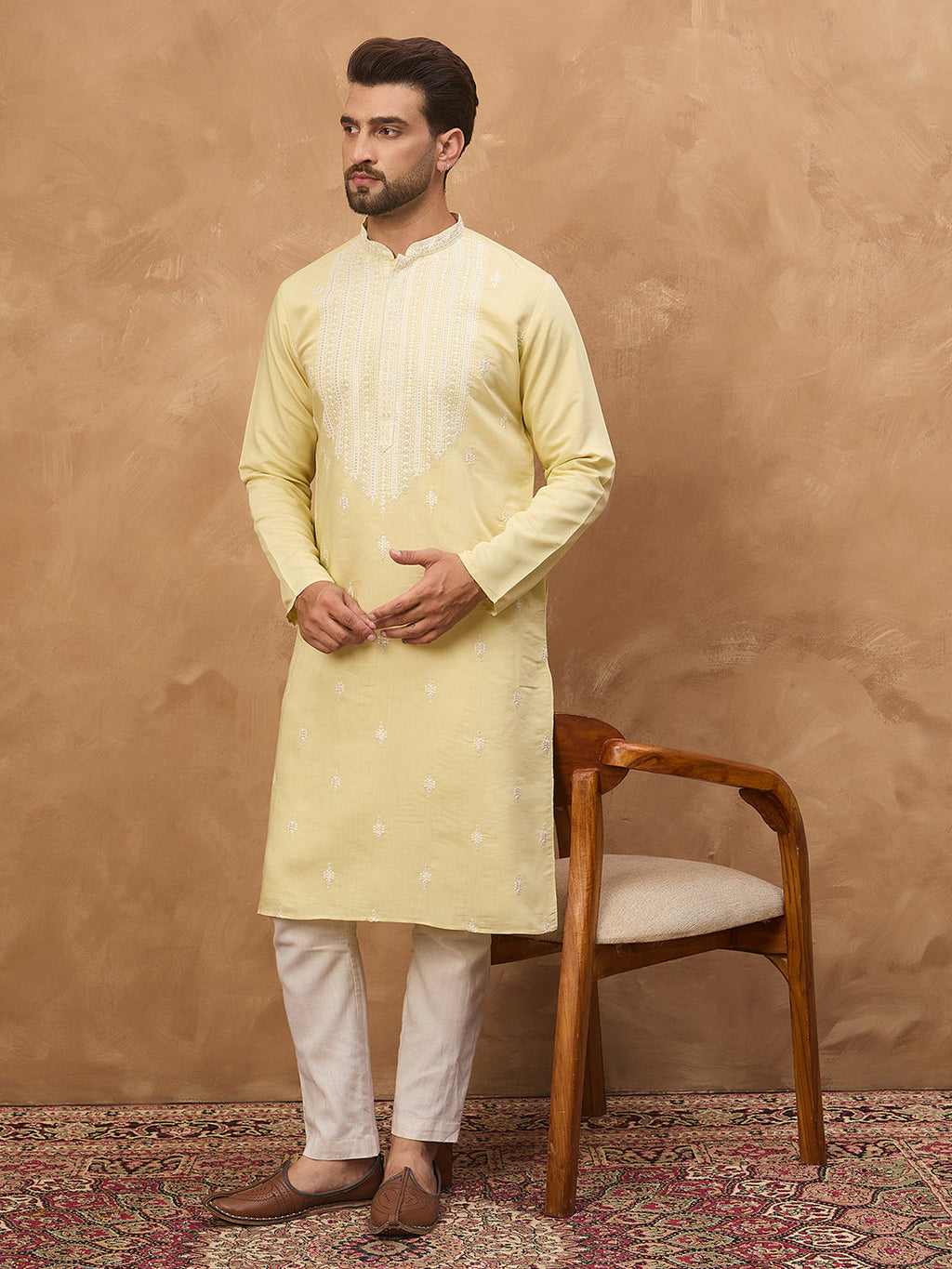 Men Yellow Silk Blend Solid Embroidered Straight Kurta-MKU1509