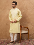 Men Yellow Silk Blend Solid Embroidered Straight Kurta-MKU1509