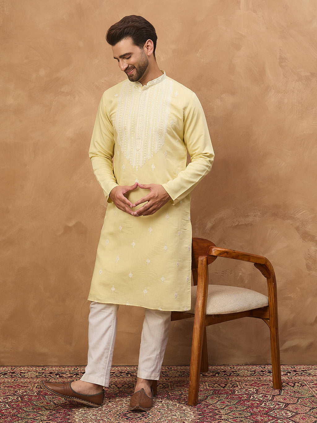 Men Yellow Silk Blend Solid Embroidered Straight Kurta-MKU1509