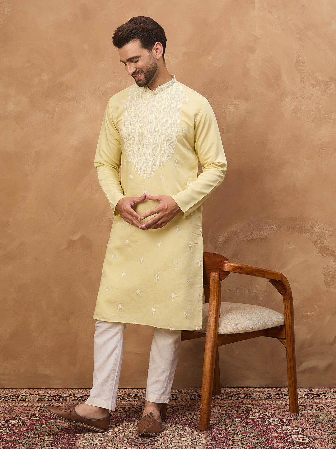 Men Yellow Silk Blend Solid Embroidered Straight Kurta-MKU1509