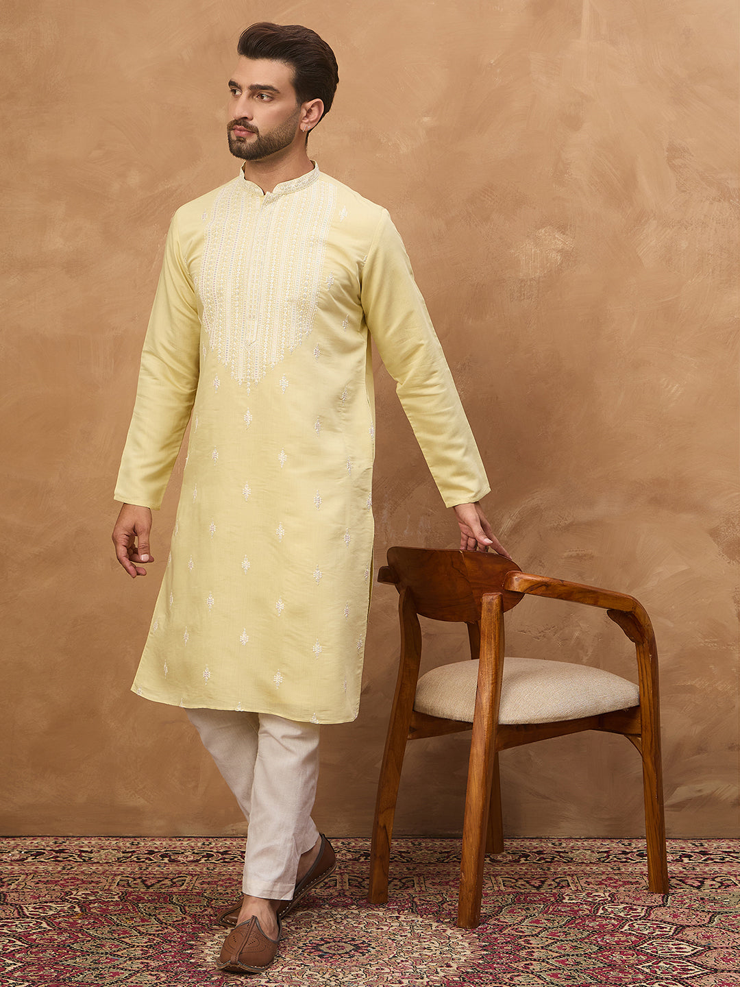 Men Yellow Silk Blend Solid Embroidered Straight Kurta-MKU1509