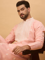 Men Peach Silk Blend Solid Embroidered Straight Kurta-MKU1510