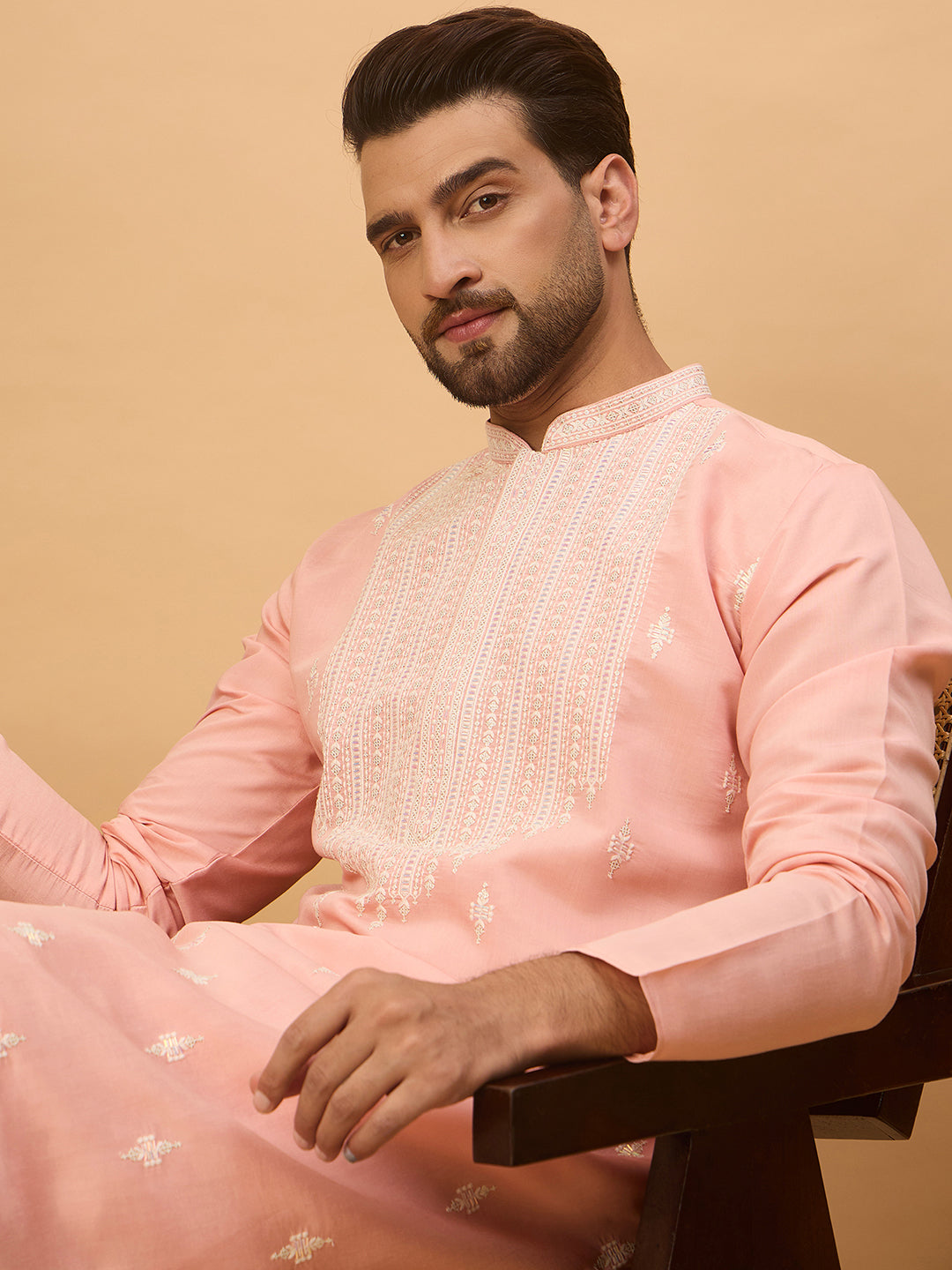 Men Peach Silk Blend Solid Embroidered Straight Kurta-MKU1510