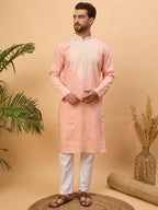 Men Peach Silk Blend Solid Embroidered Straight Kurta-MKU1510