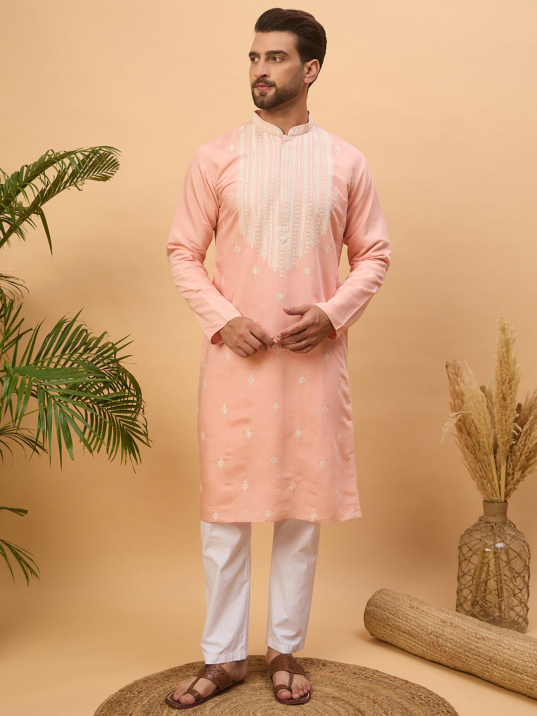 Men Peach Silk Blend Solid Embroidered Straight Kurta-MKU1510