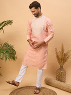 Men Peach Silk Blend Solid Embroidered Straight Kurta-MKU1510