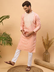 Men Peach Silk Blend Solid Embroidered Straight Kurta-MKU1510
