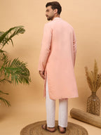 Men Peach Silk Blend Solid Embroidered Straight Kurta-MKU1510