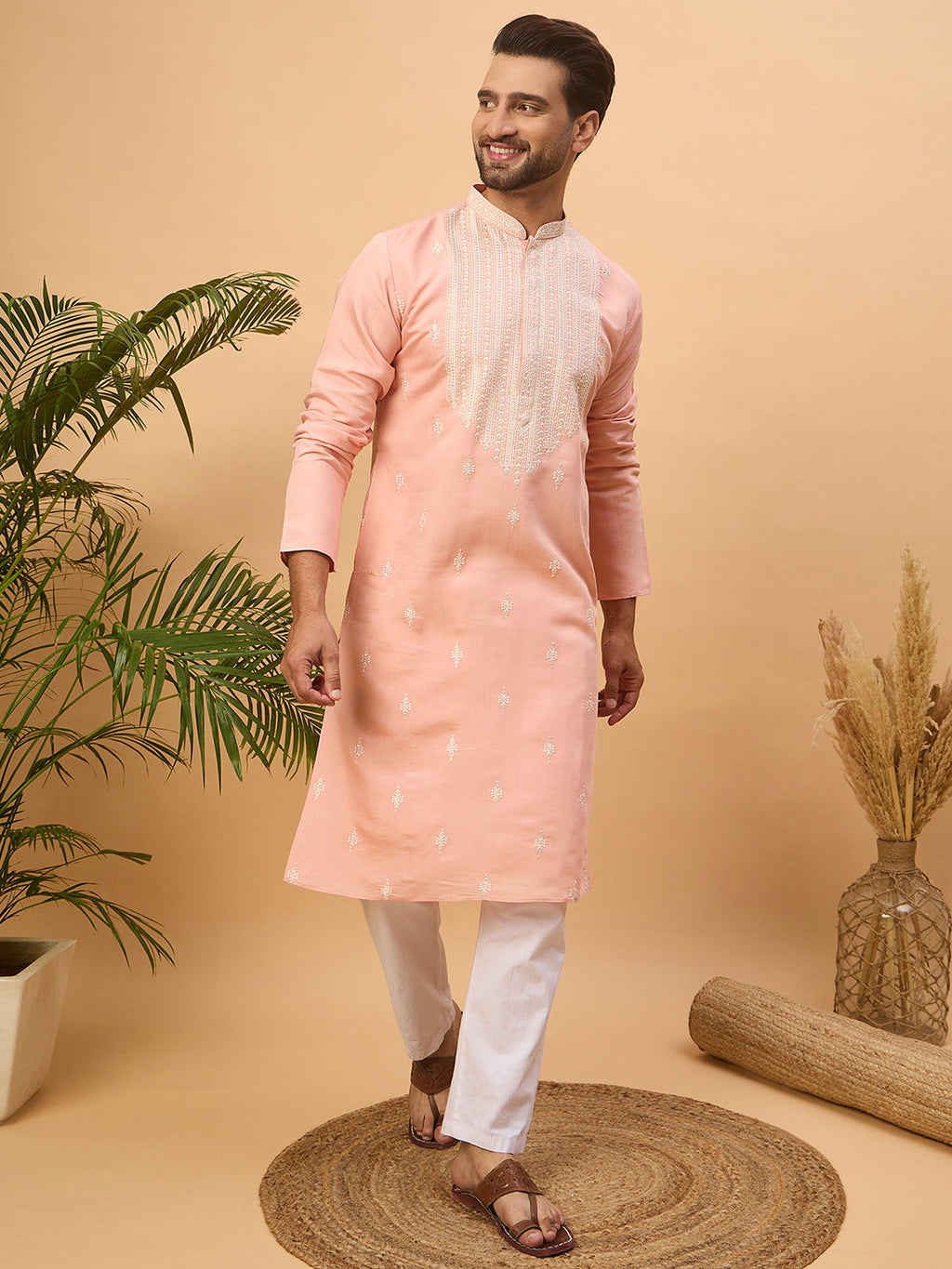 Men Peach Silk Blend Solid Embroidered Straight Kurta-MKU1510