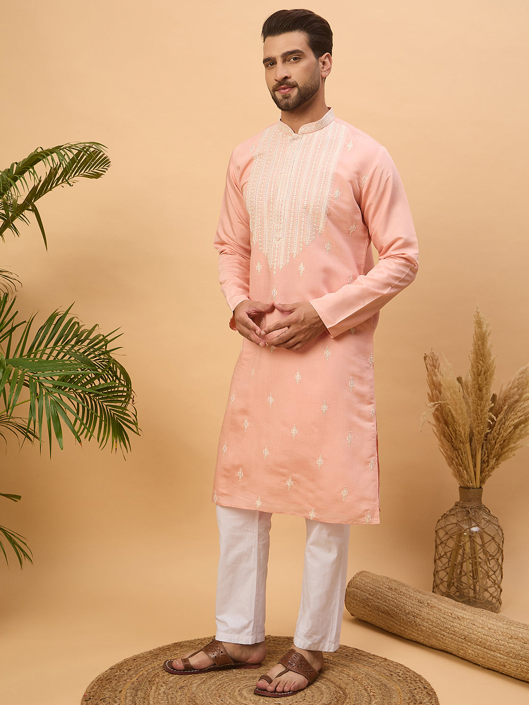 Men Peach Silk Blend Solid Embroidered Straight Kurta-MKU1510