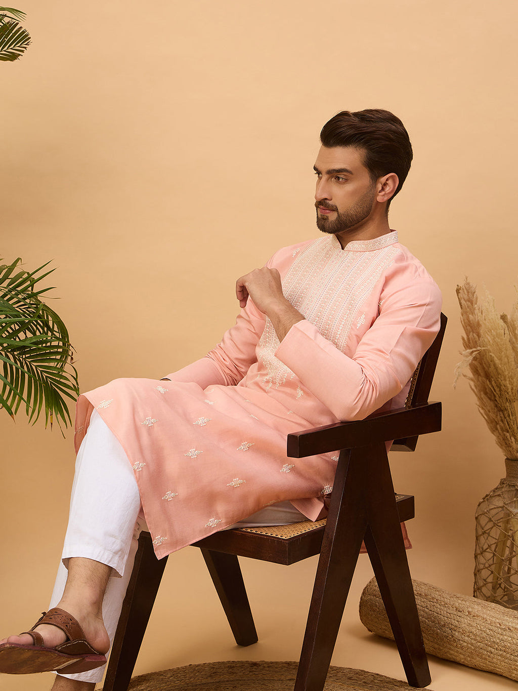 Men Peach Silk Blend Solid Embroidered Straight Kurta-MKU1510